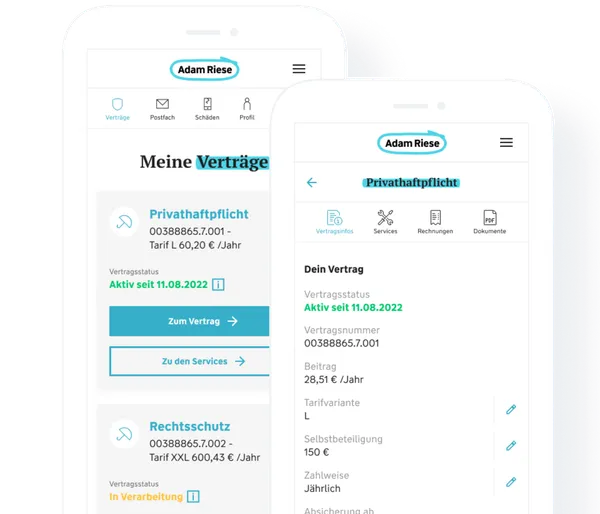 Screenshot der Verträge aus dem Adam Riese Kundenportal