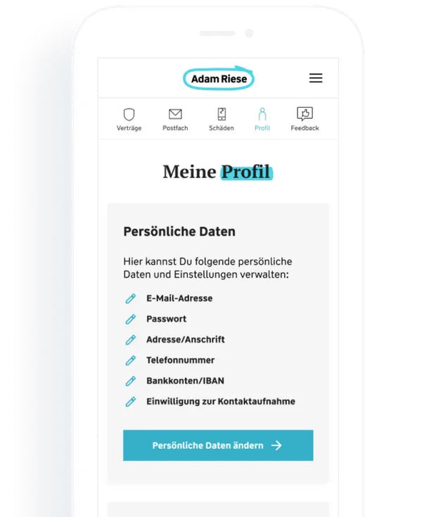 Screenshot aus dem Adam Riese Kundenportal zum Profil
