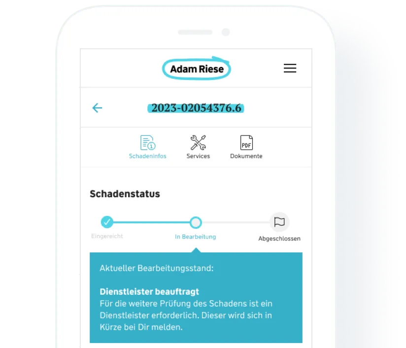 Eine Vorschau, wie der Schadenstatus im Kundenportal auf einem Smartphone aussieht. Der Status des Schadenfalls lautet 'In Bearbeitung'.