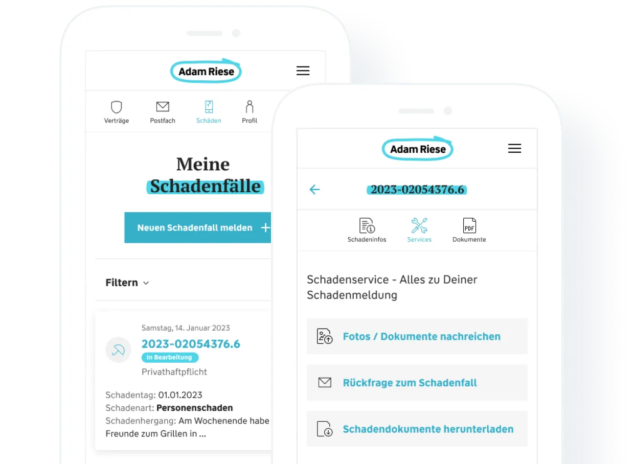 Eine Vorschau, wie das Menü 'Meine Schadenfälle' im Kundenportal auf einem Smartphone aussieht